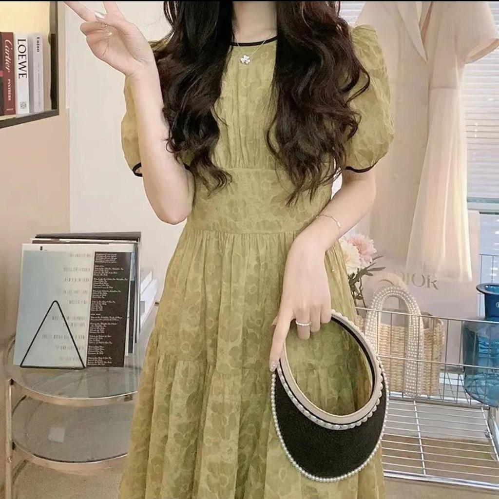 Đầm midi hoạ tiết hoa hồng cổ tròn viền tay phong cách vintage - V02