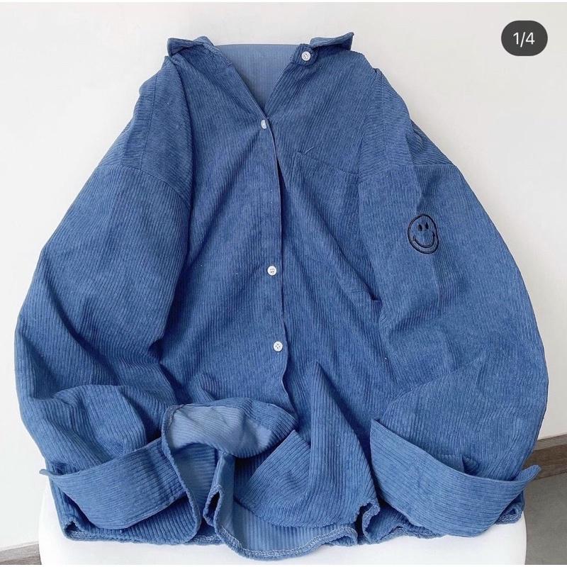 Áo khoác dáng sơmi gài nút thêu kaki nhung gân unisex ulzzang nam nữ