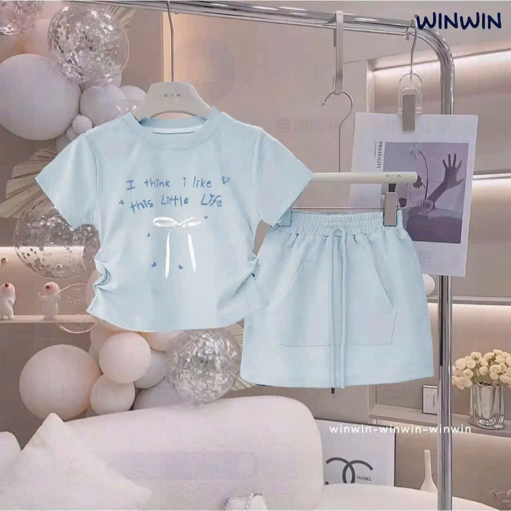 SET VÁY BÉ GÁI ÁO THUN DÂY RÚT ĐÍNH NƠ KÈM CHÂN VÁY CHỮ A TỪ 12-45KG DÀNH CHO BÉ GÁI