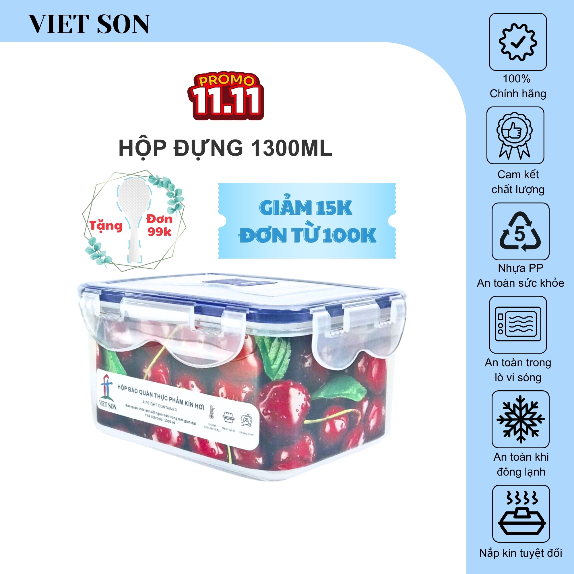 Hộp Đựng Thực Phẩm VIETSON 1300ml Nắp Khóa 4 Cạnh Kín Hơi