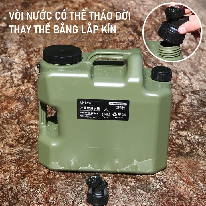 Bình đựng nước, can chứa nước 10L/12L/18L/25L cắm trại, dã ngoại ngoài trời với nắp dự phòng nhỏ + ống nối dài + bàn chải