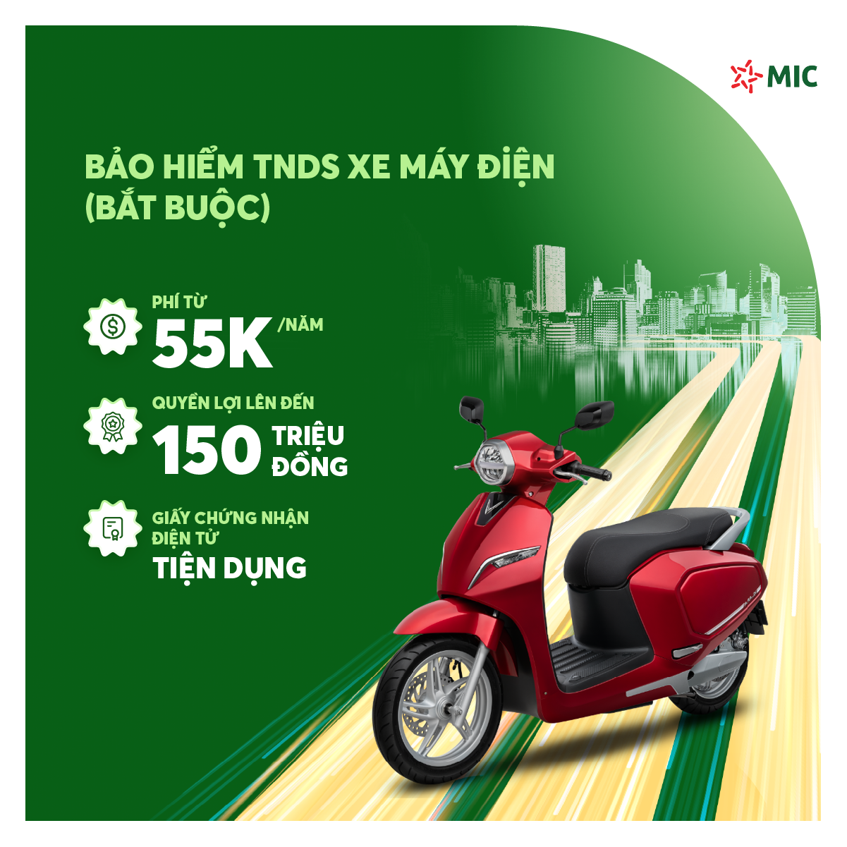 Bảo hiểm TNDS Xe máy điện , số tiền bồi thường 150 triệu, giấy chứng nhận điện tử tiện dụng