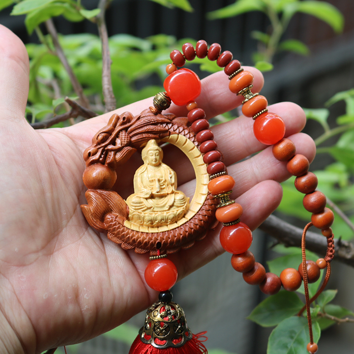 Khánh treo xe ô tô Phật Quan Thế Âm - Phật Di Lặc - Dây treo xe ô tô gỗ hoàng dương cao cấp