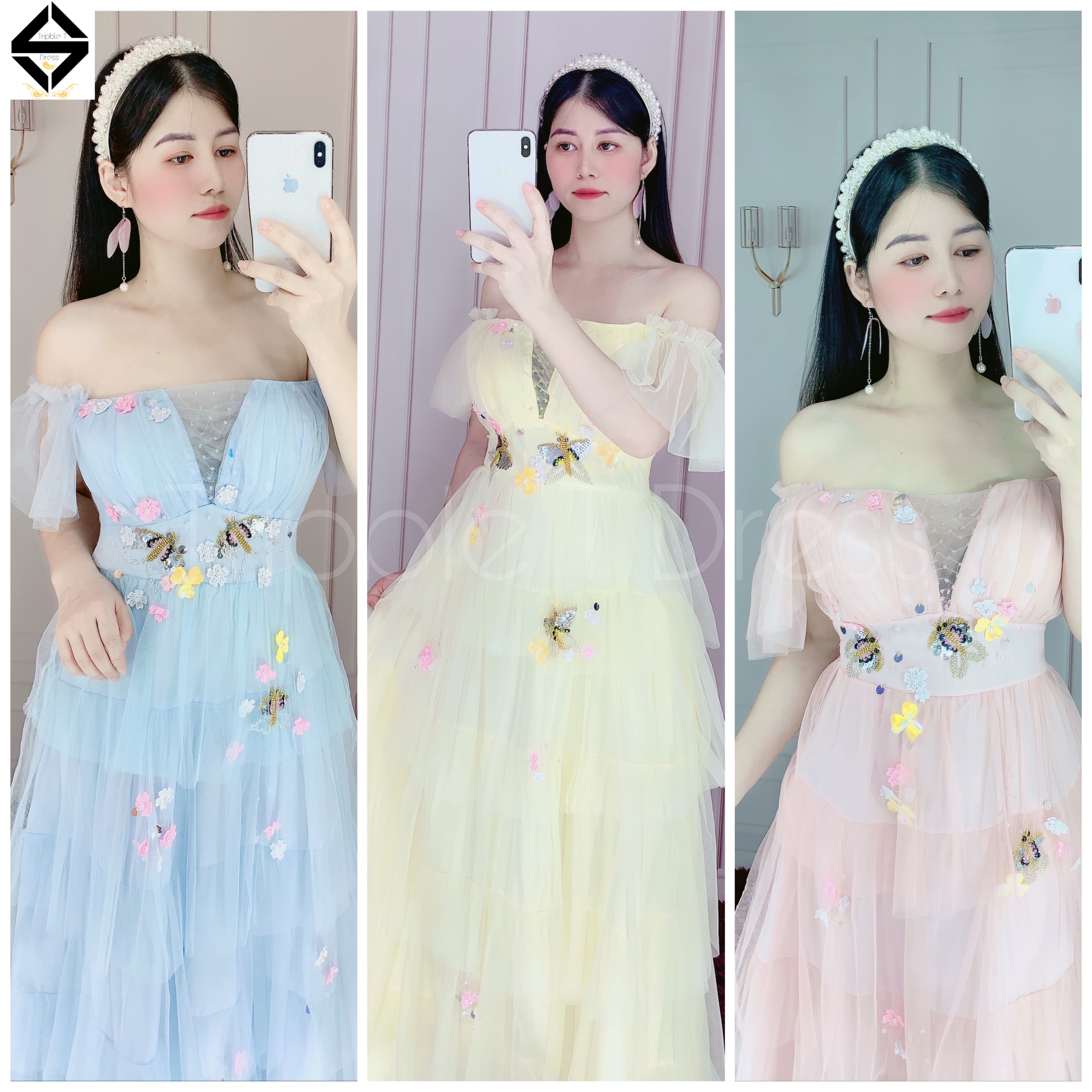 Đầm maxi bẹt vai xếp tầng kết cườm hình bướm TRIPBLE T DRESS - size M/L - MS312V