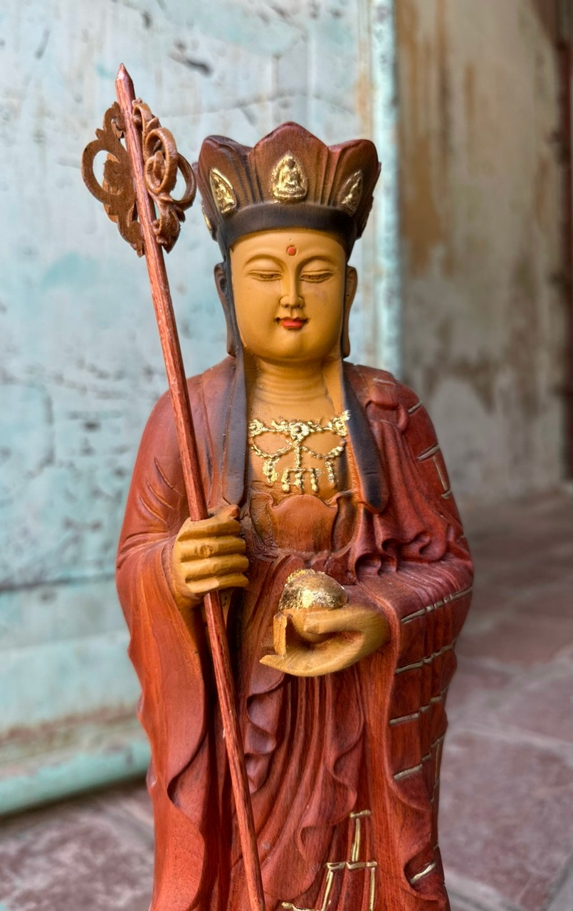 Tượng điêu khắc phật địa tạng vương bồ tát bằng gỗ hương đá pu giả cổ kt cao 50×15cm