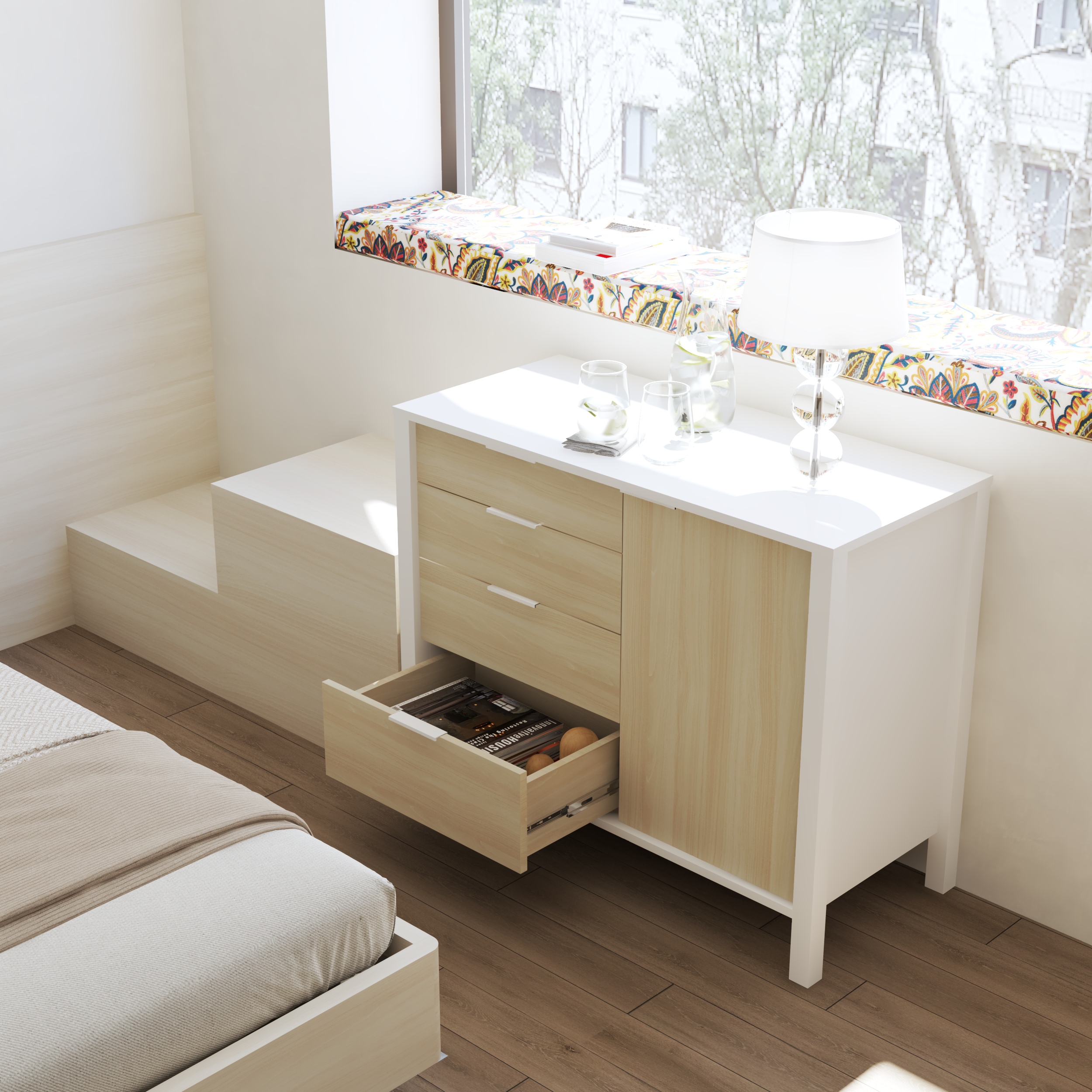 HAPPY FURNITURE , Tủ lưu trữ 4 ngăn kéo 1 cứa mở - MOKA, THK_251 , 100cm x 45cm x 80cm DxRxC