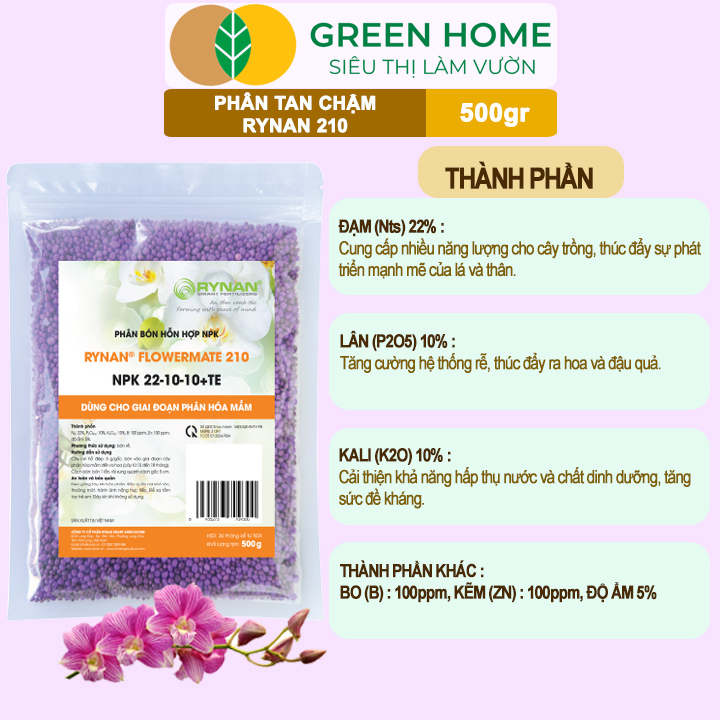 Phân Tan Chậm GreenHome, Rynan 210, Bao 500gr, Chuyên Dùng Cho Phong Lan Trưởng Thành
