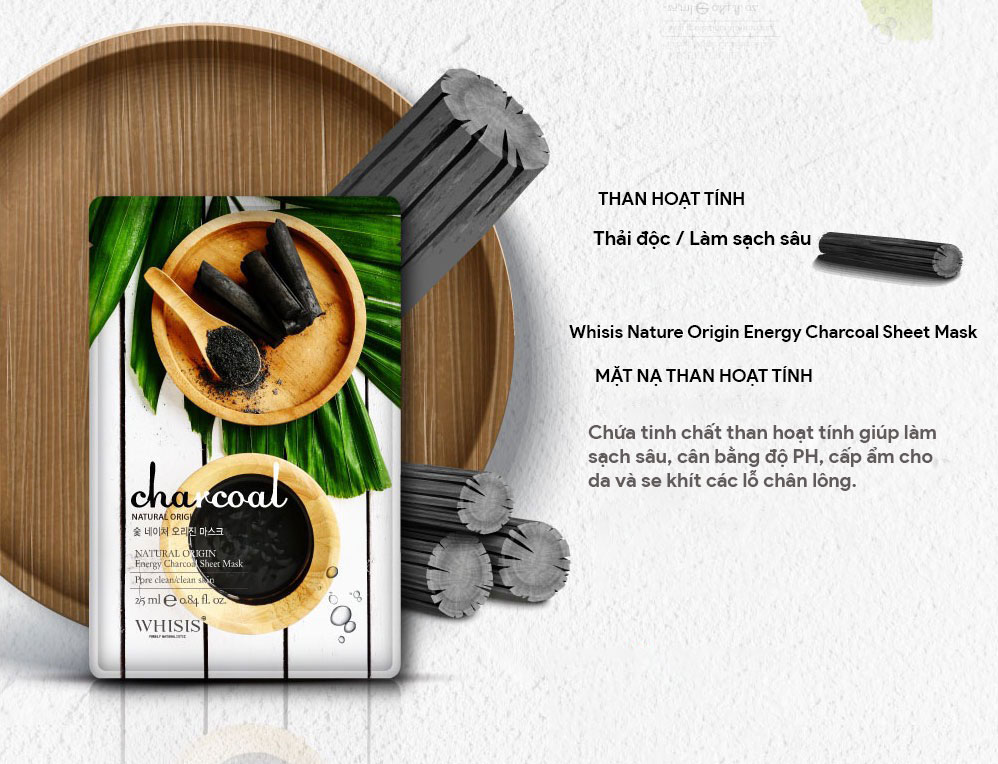 Mặt nạ than hoạt tính Whisis Nature Origin Energy Sheet Mask thải độc, se khít lỗ chân lông