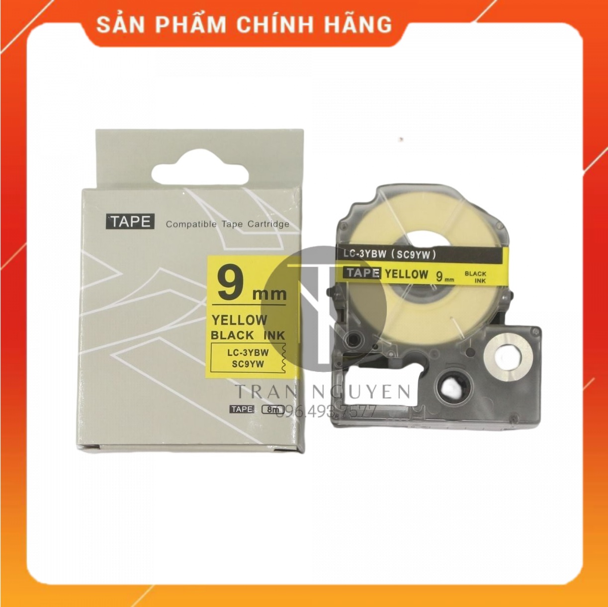 [Combo 3 hộp] Nhãn in Tepra SC9YW (LC-3YBW) - Chữ đen nền vàng 9mm x 8m - Hàng nhập khẩu