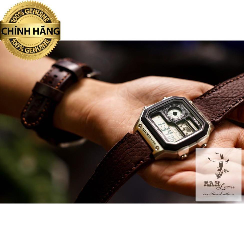 DÂY ĐỒNG HỒ DA BÒ THẬT CHO CASIO AE1200/SEIKO5 1951 NÂU VÂN HẠT - TẶNG FULL PHỤ KIỆN .