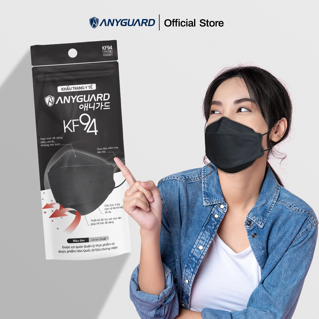 ComBo (15 Chiếc) Khẩu Trang Y Tế Anyguard KF94 Màu Đen - Lọc Bụi Mịn và PM2.5, Ngăn 99% Vi Khuẩn, An Toàn Cho Da Nhạy Cảm (3 Gói), Dành Cho Người Lớn