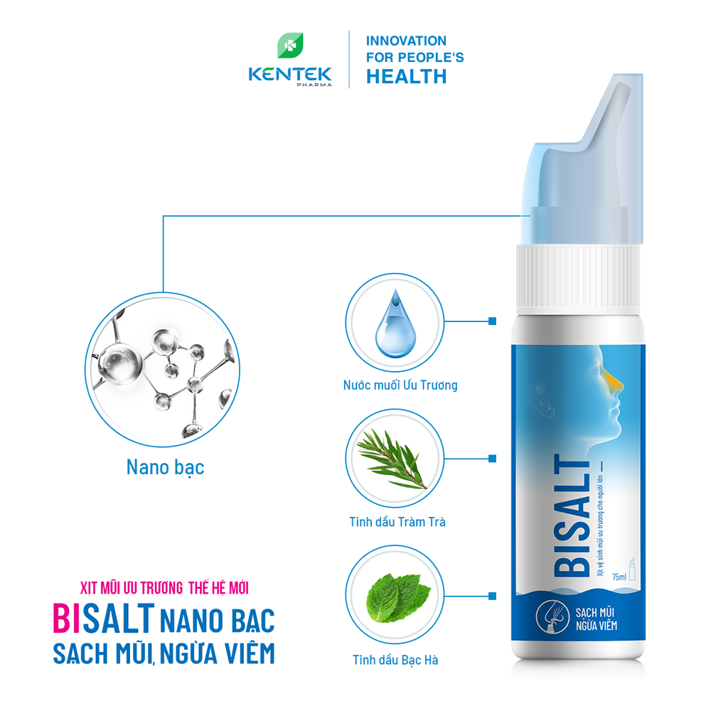 Xịt vệ sinh mũi ưu trương, dưỡng xoang dành cho người lớn BISALT NANO BẠC | Kentek Pharma | Chai 75ml