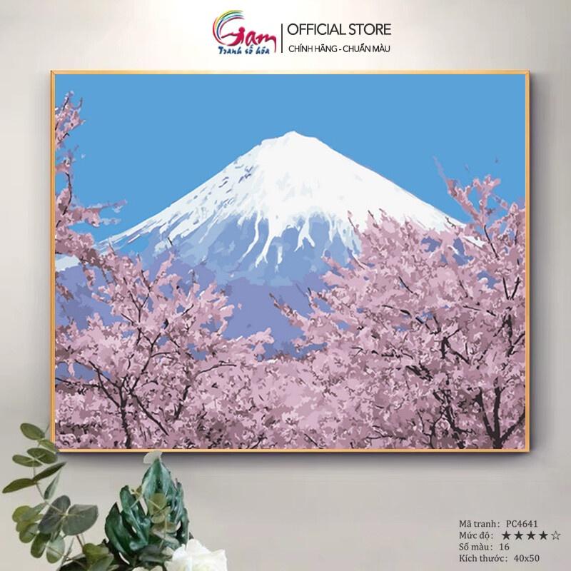 Tranh tô màu số hoá phong cảnh Nhật Bản Hoa anh đào núi Fuji GAM kèm khung đã căng PC4641 lọ màu 5ml