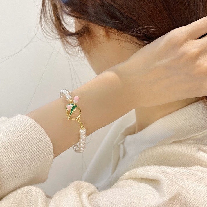 Vòng Tay Hoa Tulip Đính Ngọc Trai Giả Cao Cấp Sang Trọng Cho Nữ
