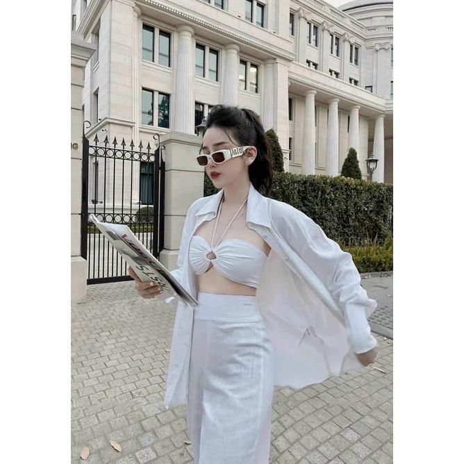 Set 3 món áo crop yếm quần dài kèm áo khoác sơ mi cá tính, năng động, trẻ trung phù hợp đi biển đi chơi dạo phố
