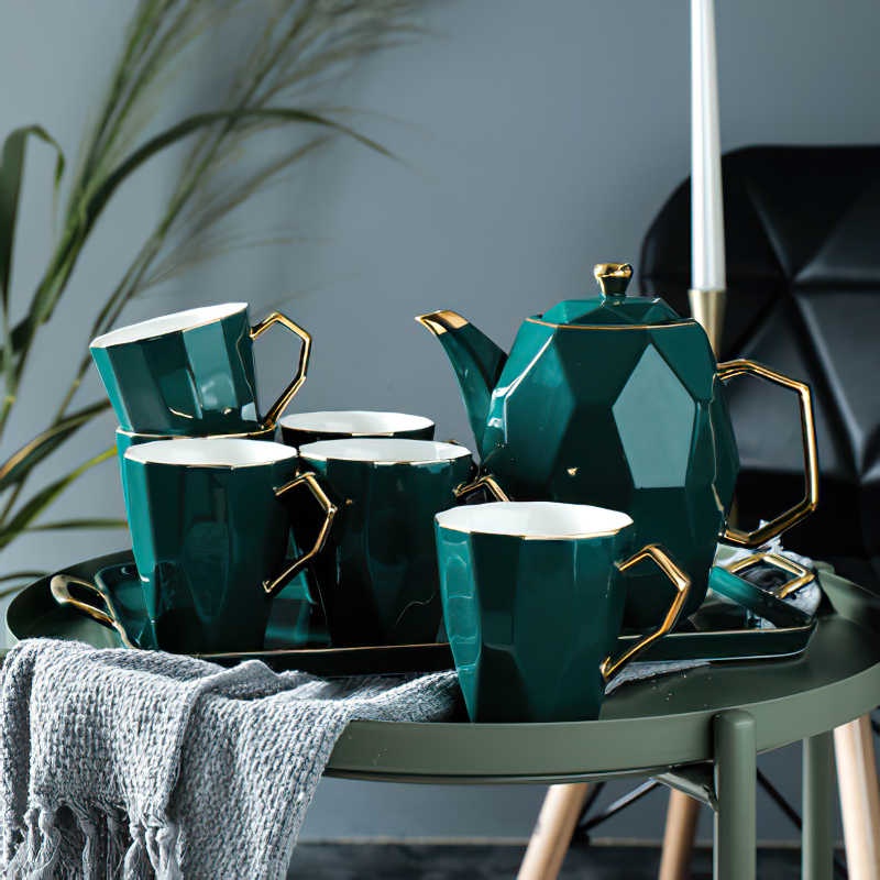 Bộ ấm chén pha trà bằng gốm tráng men hình kim cương xanh đen viền vàng cao cấp