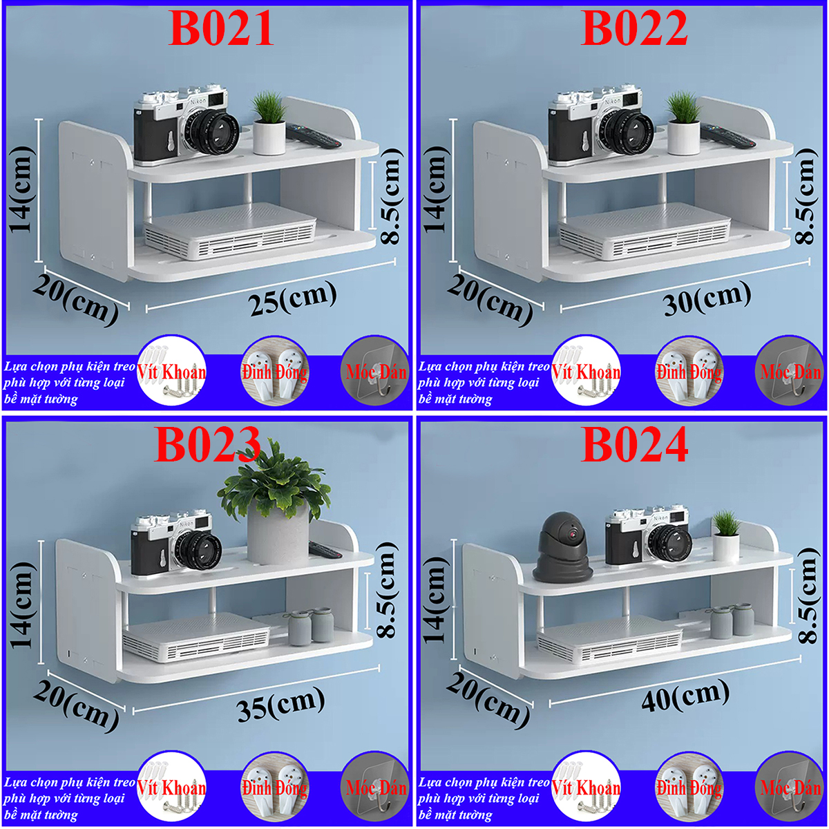 Kệ treo tường, kệ đặt modem wifi, đầu thu kỹ thuật số, remote, điện thoại, chất liệu gỗ Pitech cao cấp màu trắng