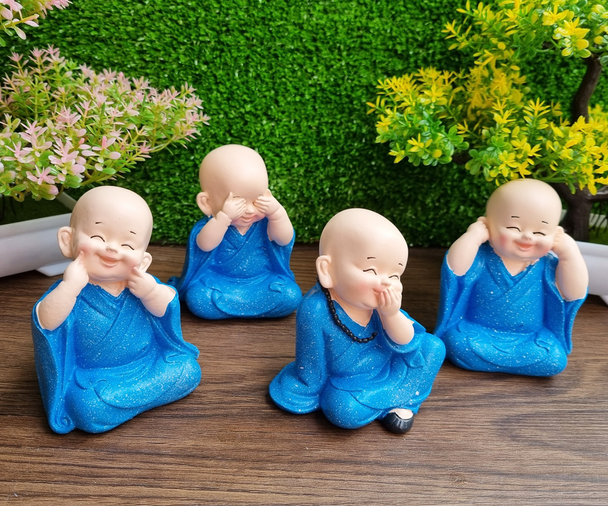Bộ 04 chú tiểu Tứ Không áo màu xanh dương 10cm - tặng kèm túi 50 xu vàng mini may mắn