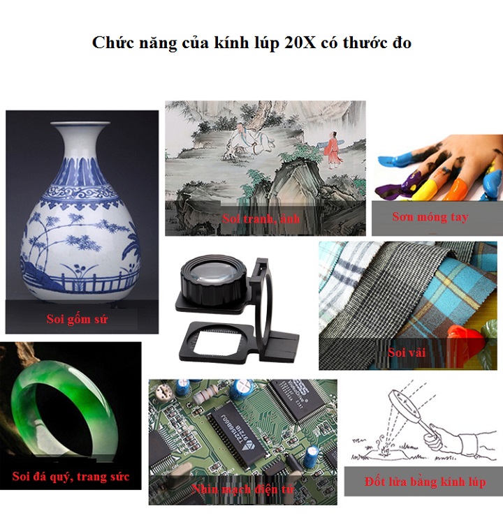 Kính lúc có thước đo phóng đại 20X (Tặng kèm 01 móc treo đồ dán tường ngẫu nhiên)