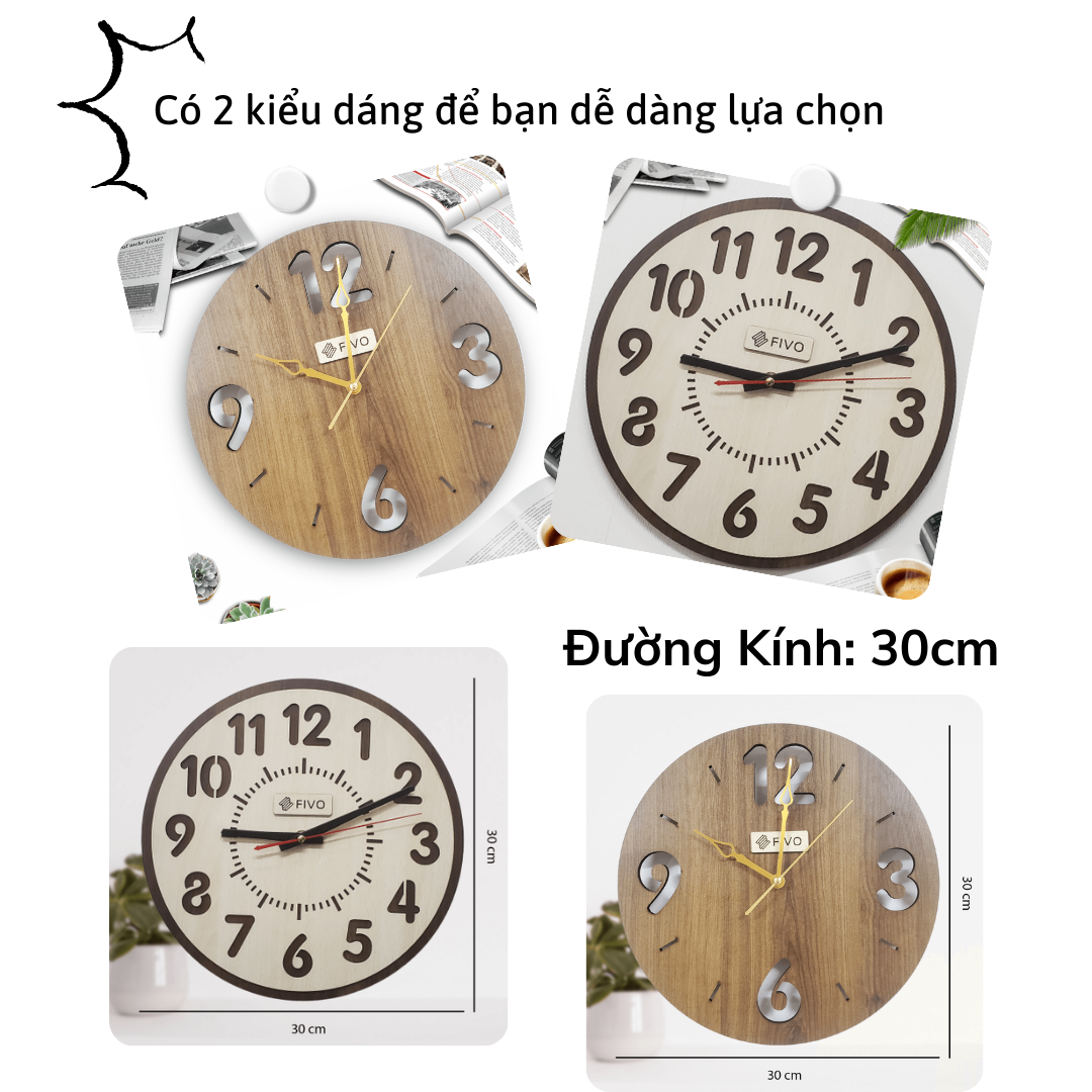 Đồng Hồ Treo Tường Kim Trôi Decor Trang Trí Bằng Gỗ, Thương Hiệu FIVO Mẫu FW02, Thiết Kế Sang Trọng Tặng Kèm Pin Và Móc Treo Tường.