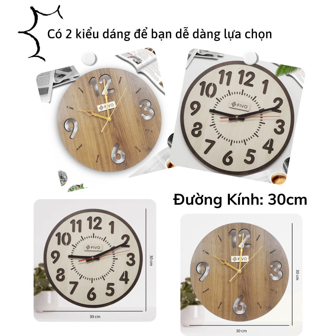 Đồng Hồ Treo Tường Kim Trôi Decor Trang Trí Bằng Gỗ, Thương Hiệu FIVO Mẫu FW02, Thiết Kế Sang Trọng Tặng Kèm Pin Và Móc Treo Tường