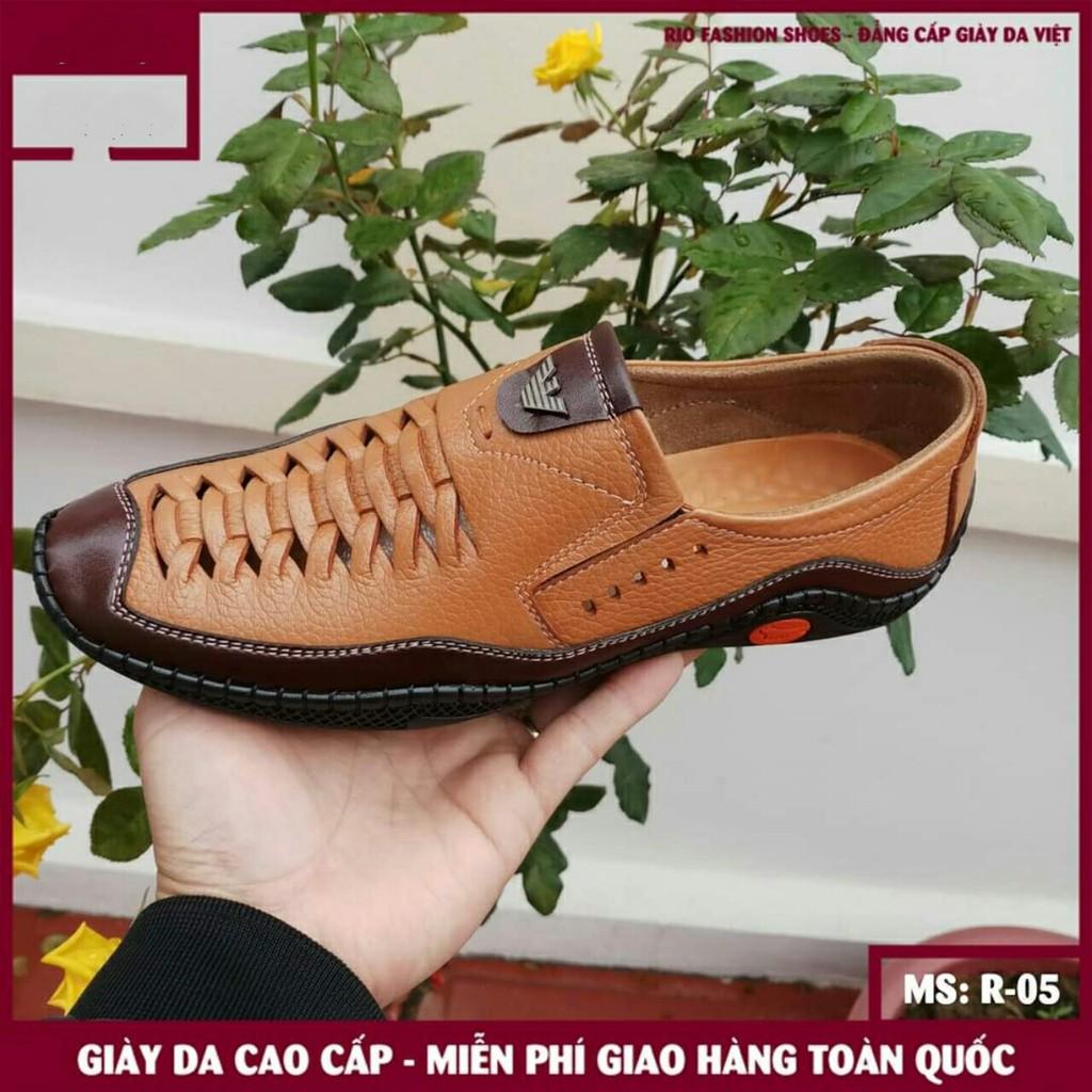 Giày lười giày sục nam da bò dành cho người trung niên da bò nâu phối viền nâu da xít