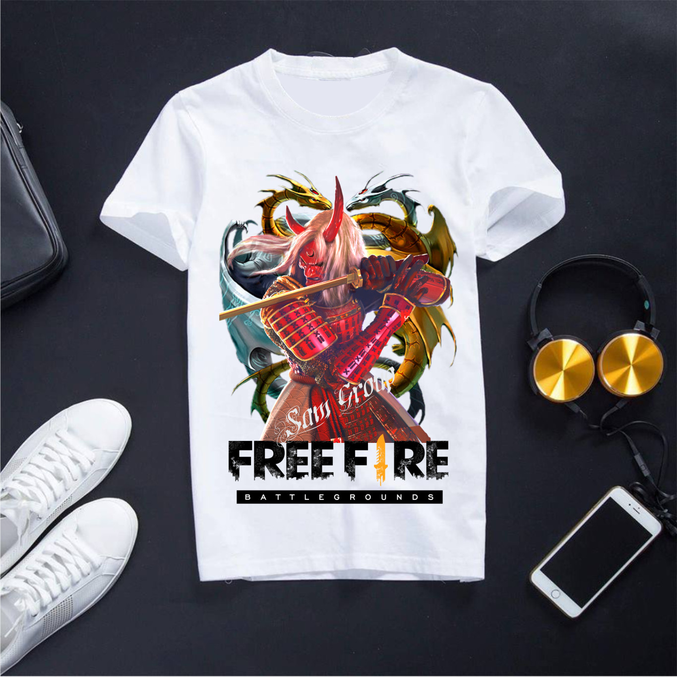 Áo Free Fire Cổ Tròn Màu Trắng Chất Liệu Cotton Mềm Mịn Co Dãn 4 Chiều Quỷ Kiếm