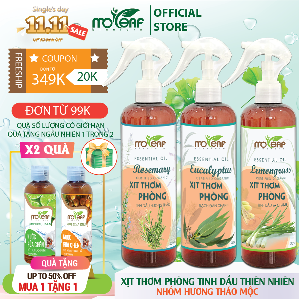 Xịt Thơm Phòng Moleaf Tinh Dầu Sả Chanh Thơm Mát Lọc Không Khí Đuổi Muỗi &amp; Côn trùng 250ml