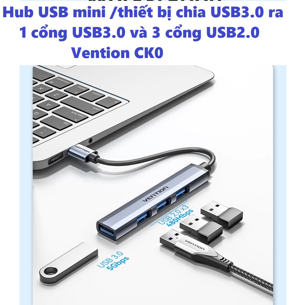 Hub USB mini thiết bị chia cổng USB 3.0 của laptop ra 4 cổng USB 3.0 và USB2.0 Vention CK0 _ Hàng chính hãng