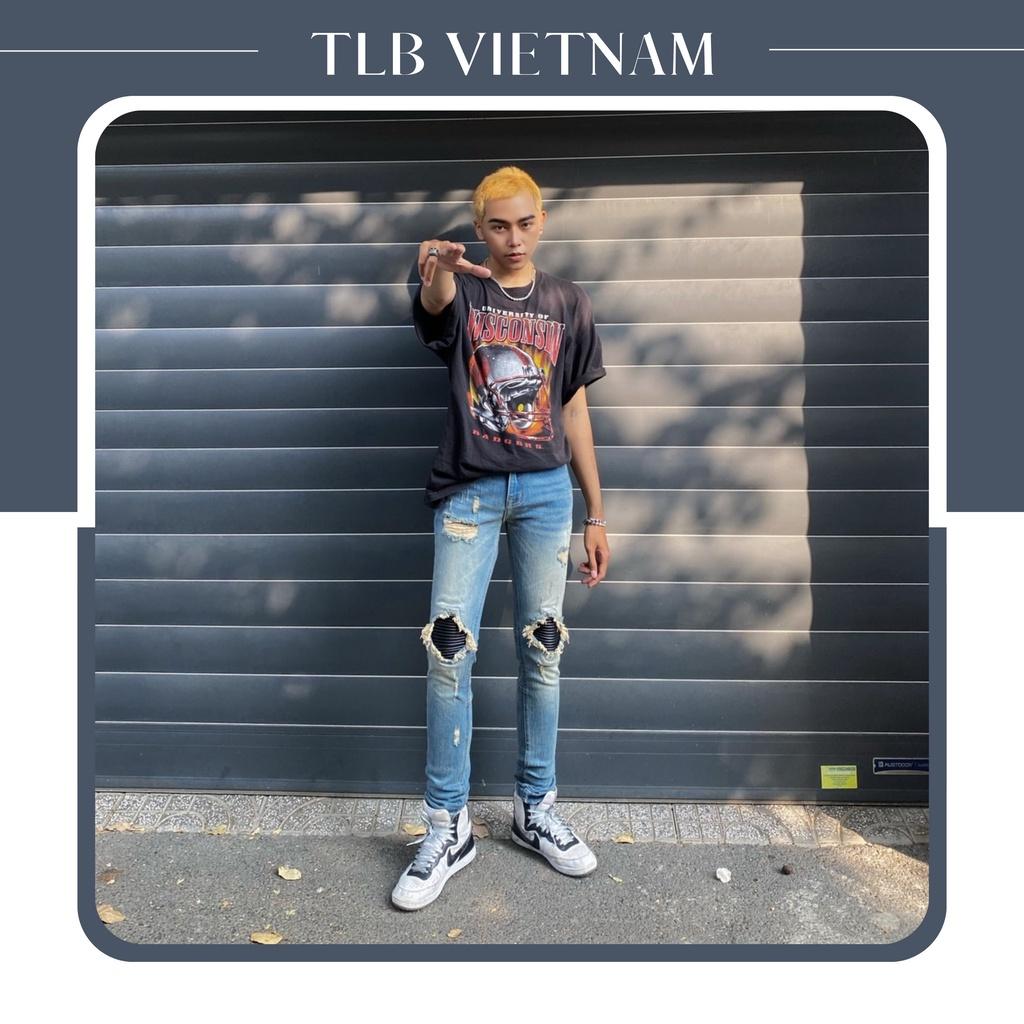 Quần Jean Nam The Luyn Black Màu Xanh Vintage Rách Gối Tua Sợi Thêu Vá Da Bike Đen Phối Áo Thun Năng Động