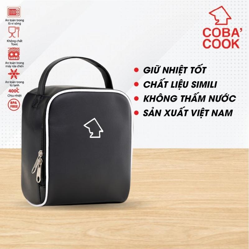 Túi Simili đựng hộp cơm logo COBACOOK lớp giấy giữ nhiệt bên trong và 2 khóa kéo tiện dụng- SS