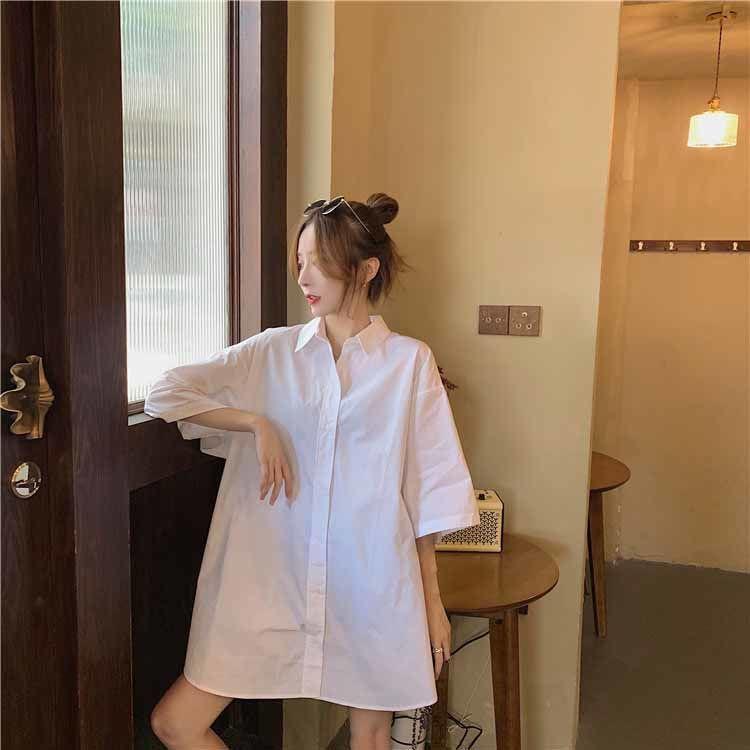 Áo Sơ Mi Tay Ngắn Rộng Màu Sắc Đơn Giản Thời Trang Cho trắng nữ