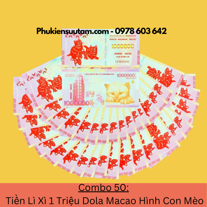 Combo 50 Tờ Lì Xì 1 Triệu Dola Macao Hình Con Mèo, kích thước: 15.5cmx7.5cm, màu trắng - SP005946