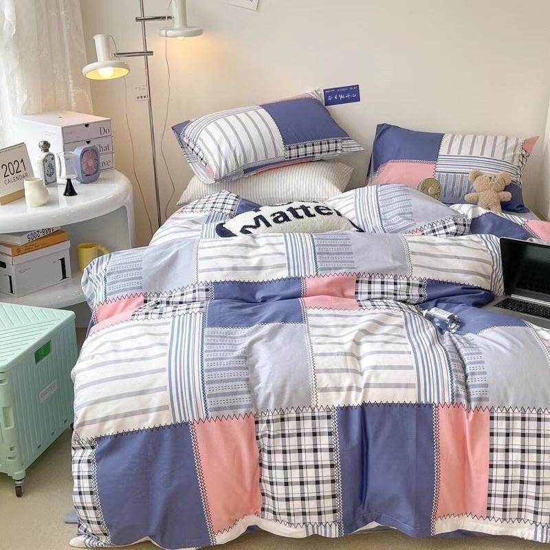 Bộ Chăn Ga Gối Cotton Living 100%Cotton Hàng Nhập Khẩu Cao Cấp 4 Món Kẻ Ô Hiện Đại