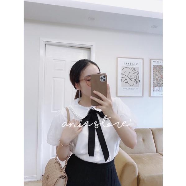 Áo Sơ Mi Babydoll Nữ Voan Tơ Phối Nơ Cổ  Áo Trắng Nữ Cộc Tay Nơ Đính Ngọc Cổ Phối Ren
