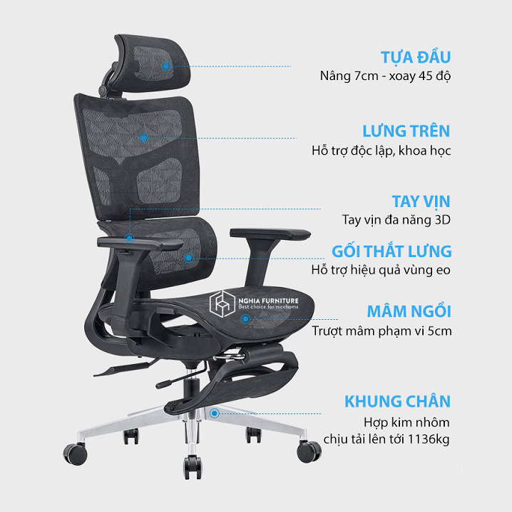 Ghế công thái học Ergonomic 06 Plus, Ghế xoay văn phòng làm việc Ergonomic, Chất liệu full lưới thoáng khí, có gác chân, thiết kế hỗ trợ lưng mạnh mẽ, bảo hành 3 năm