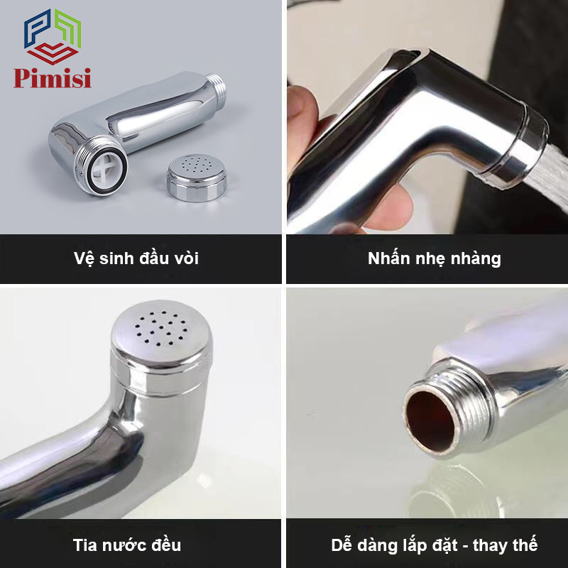 Vòi Xịt Bồn Cầu Vệ Sinh Phòng Tắm Pimisi PVX-206 Chịu Áp Lực Nước Lớn Như Chung Cư, Nhà Cao Tầng Hay Máy Tăng Áp Mạ Màu Inox, Với Tay Xịt Toilet WC Chìm Chống Gãy - Bể - Vỡ Và Dây Nhựa Dẻo Cao Cấp - Mềm - Trơn Bề Mặt | Hàng Chính Hãng