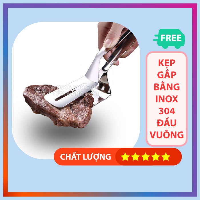 Dụng Cụ Kẹp Gắp, Lật, Chiên Đồ Ăn Bằng Inox 304 Đầu Vuông