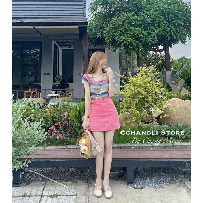Áo len nữ cộc tay cổ tròn loang màu cầu vồng hot hit
