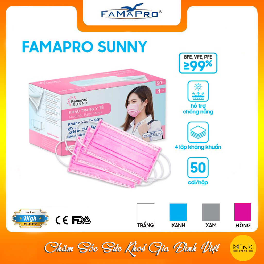 Khẩu trang y tế kháng khuẩn 4 lớp Famapro SUNNY Màu Hồng (50 cái/ hộp