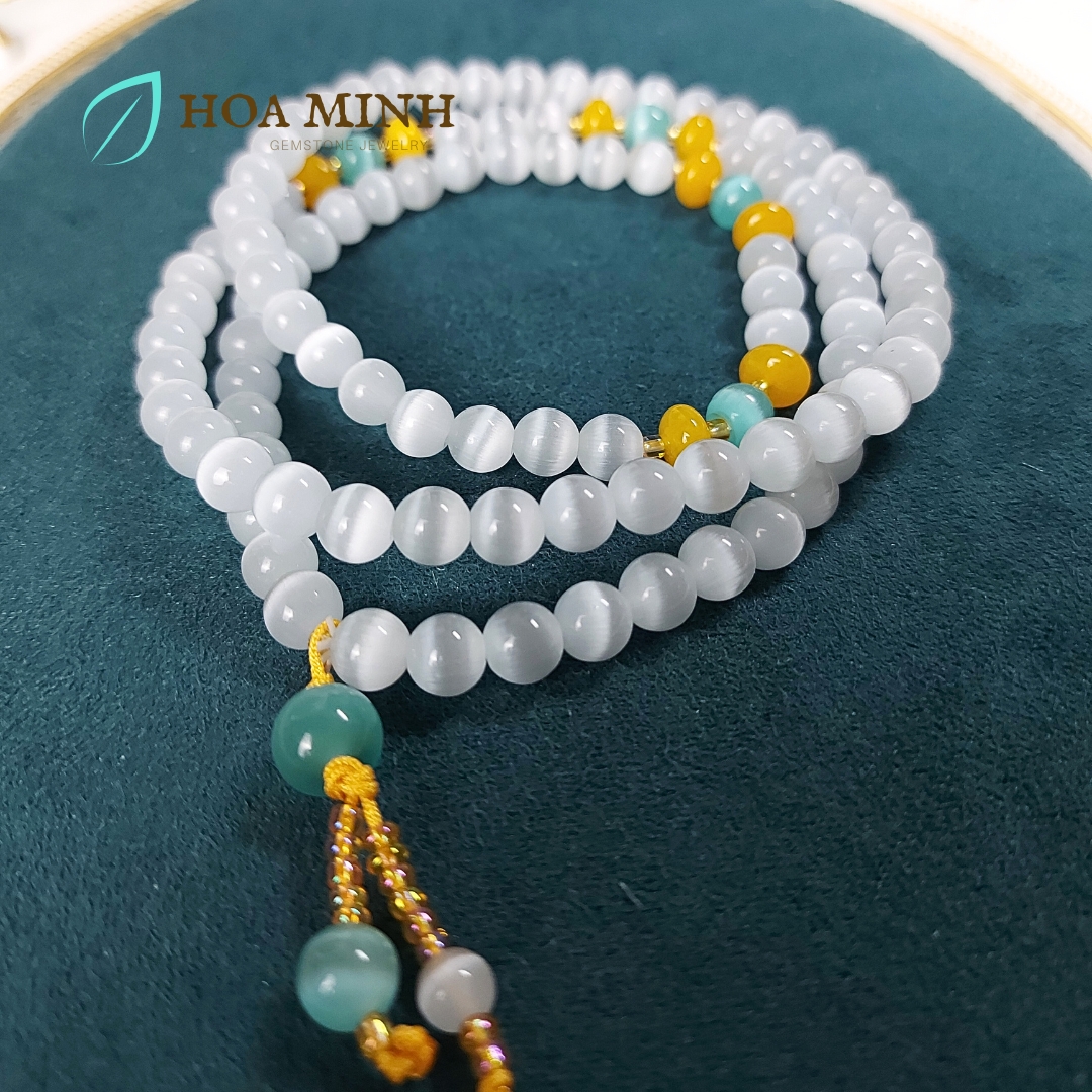 Vòng tay đá Mắt Mèo trắng size hạt 8 li chuỗi 108 hạt phối mắt mèo xanh, hạt bánh xe mã não vàng
