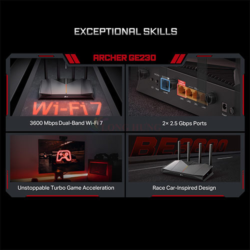 Thiết bị định tuyến mạng không dây TP-Link Router Wifi 7 Gaming Dual-Band BE3600 Archer GE230 - Hàng chính hãng
