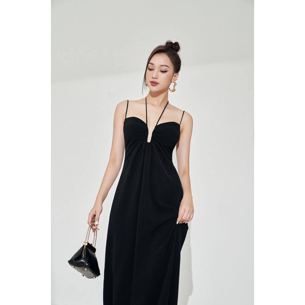 MOLLYNISTA - Đầm Olivia đen maxi xẻ cúp chữ U cột dây quyến rũ nữ tính thiết kế cao cấp đi chơi đi tiệc gợi cảm