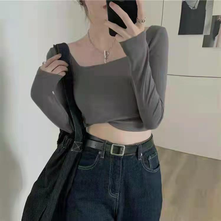 Áo croptop , áo croptop tay dài, cổ vuông màu trơn co giãn thời trang đẹp giá rẻ phong cách Hàn Quốc ACN005