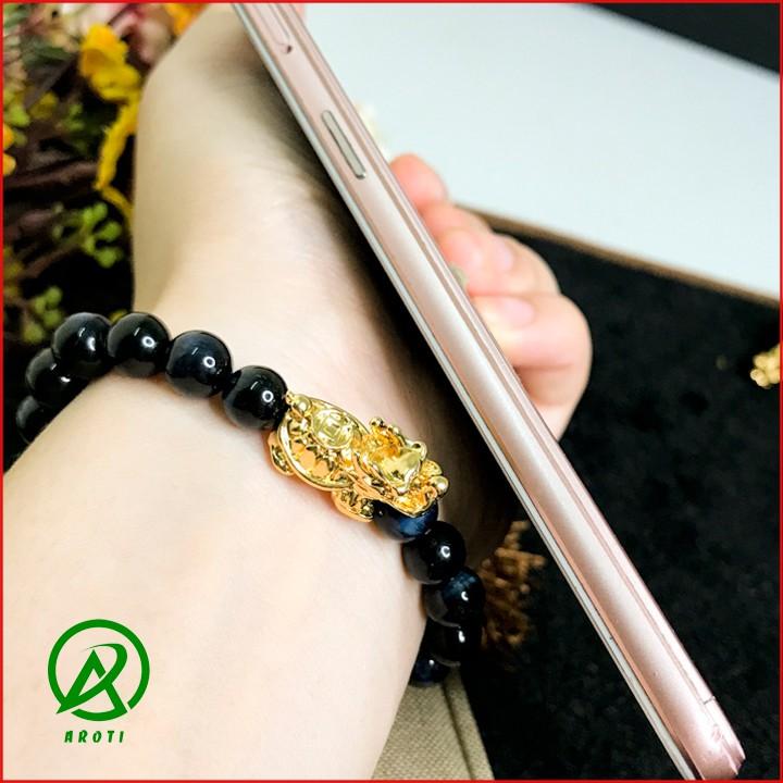 Vòng Tay Phòng Thủy Mệnh Thủy - Vòng Tay Nam Nữ Đá Mắt Hổ xanh Than Mix Long Quy Vàng 8mm V387-8
