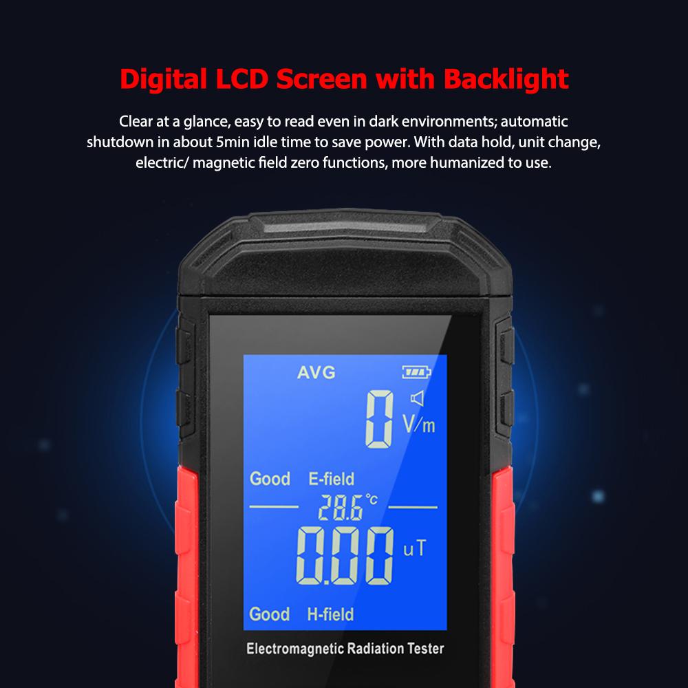 Digital Electromagnetic Radiation Tester EMF Meter LCD Backlight Portable Electric Magnetic Field Radiation Detection Alarm Average/ Peak Mode Rechargeable for Home Appliances Offices Industrial Workplaces
