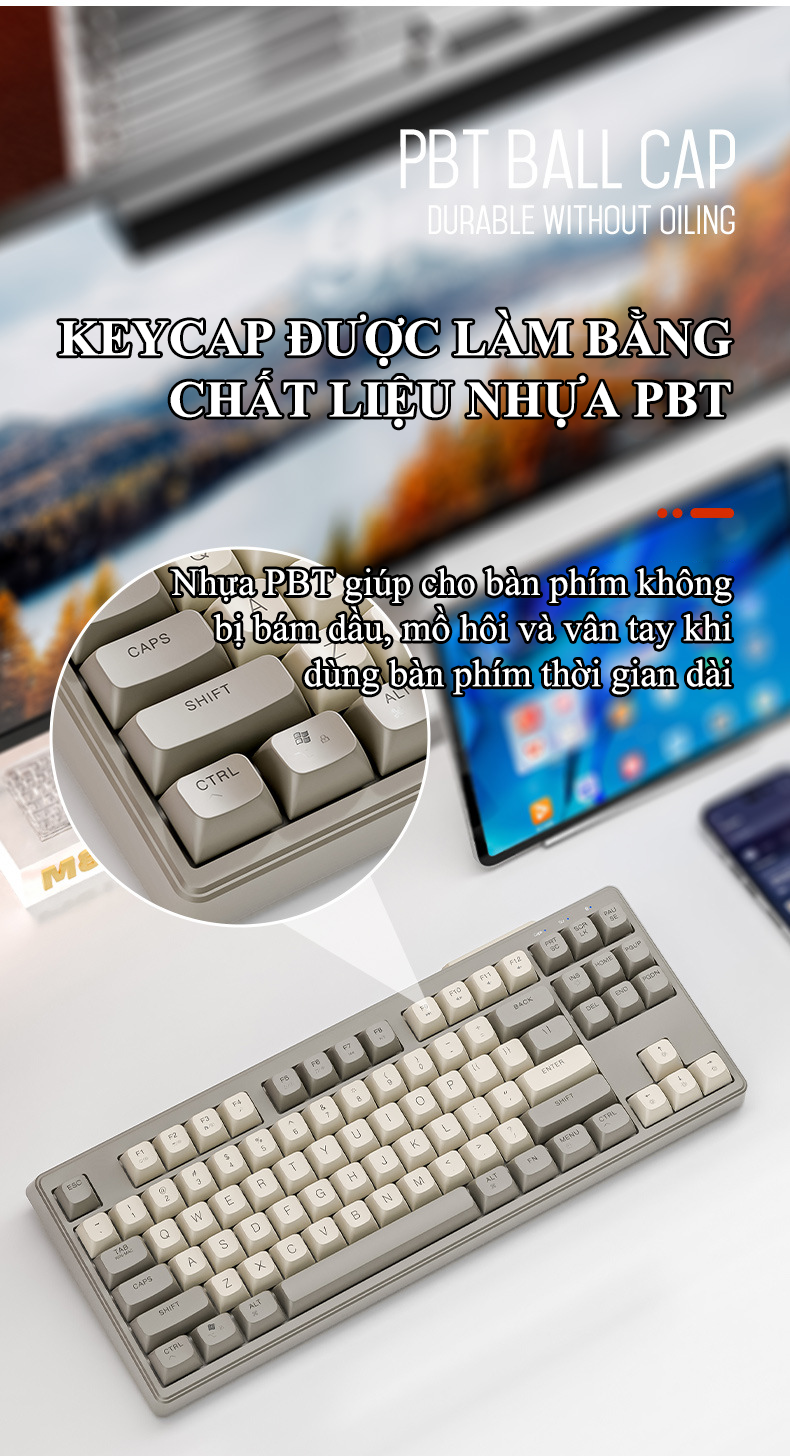 Bàn phím không dây FREEWOLF M87 kết nối Bluetooth và chip USB 2.4G thiết kế TKL 87 phím với nút nhấn không tiếng ồn - Hàng Chính Hãng