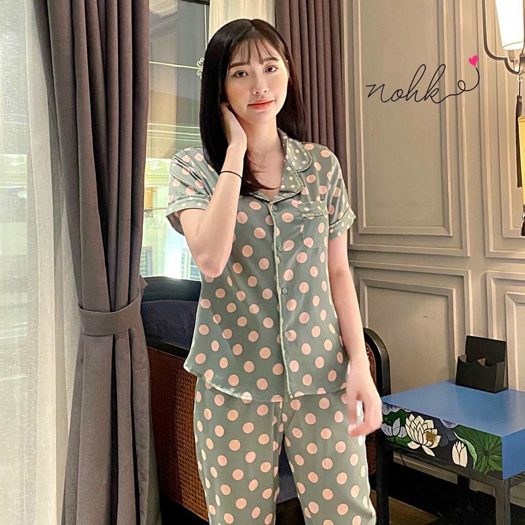 Bộ ngủ Pijama lụa chấm bi to cộc tay cao cấp