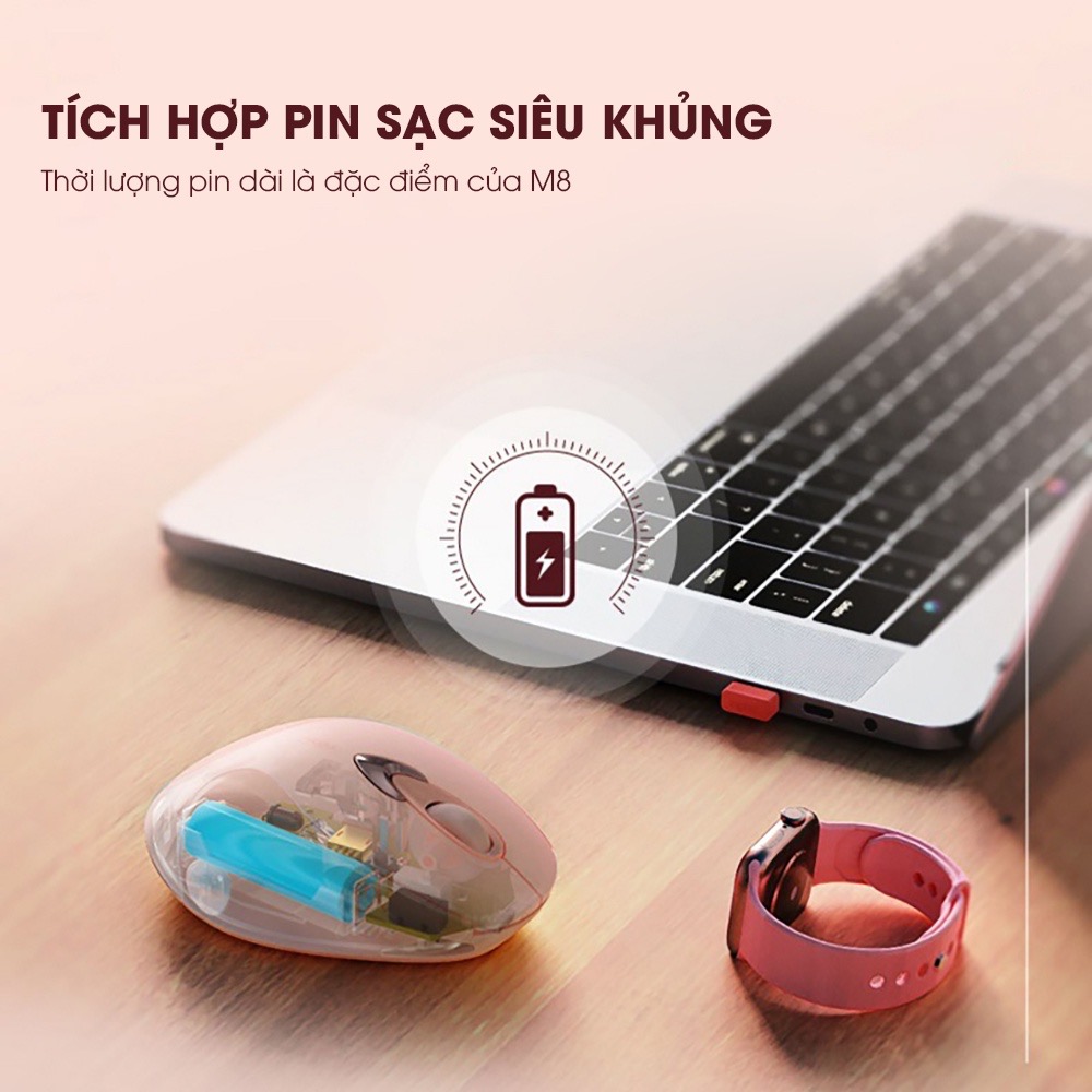 ￼Chuột máy tính không dây TEKKIN M8 cute màu hồng tự sạc pin dòng silent click chống ồn cho máy tính laptop masbook - hàng chính hãng