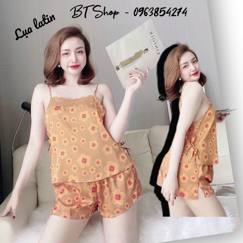 Đồ ngủ mặc nhà lụa latin cột dây eo quần đùi hoạ tiết freesize 42-57kg